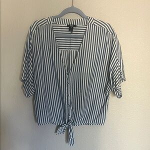 PAIGE Navy and White Striped Tie-Front Blouse